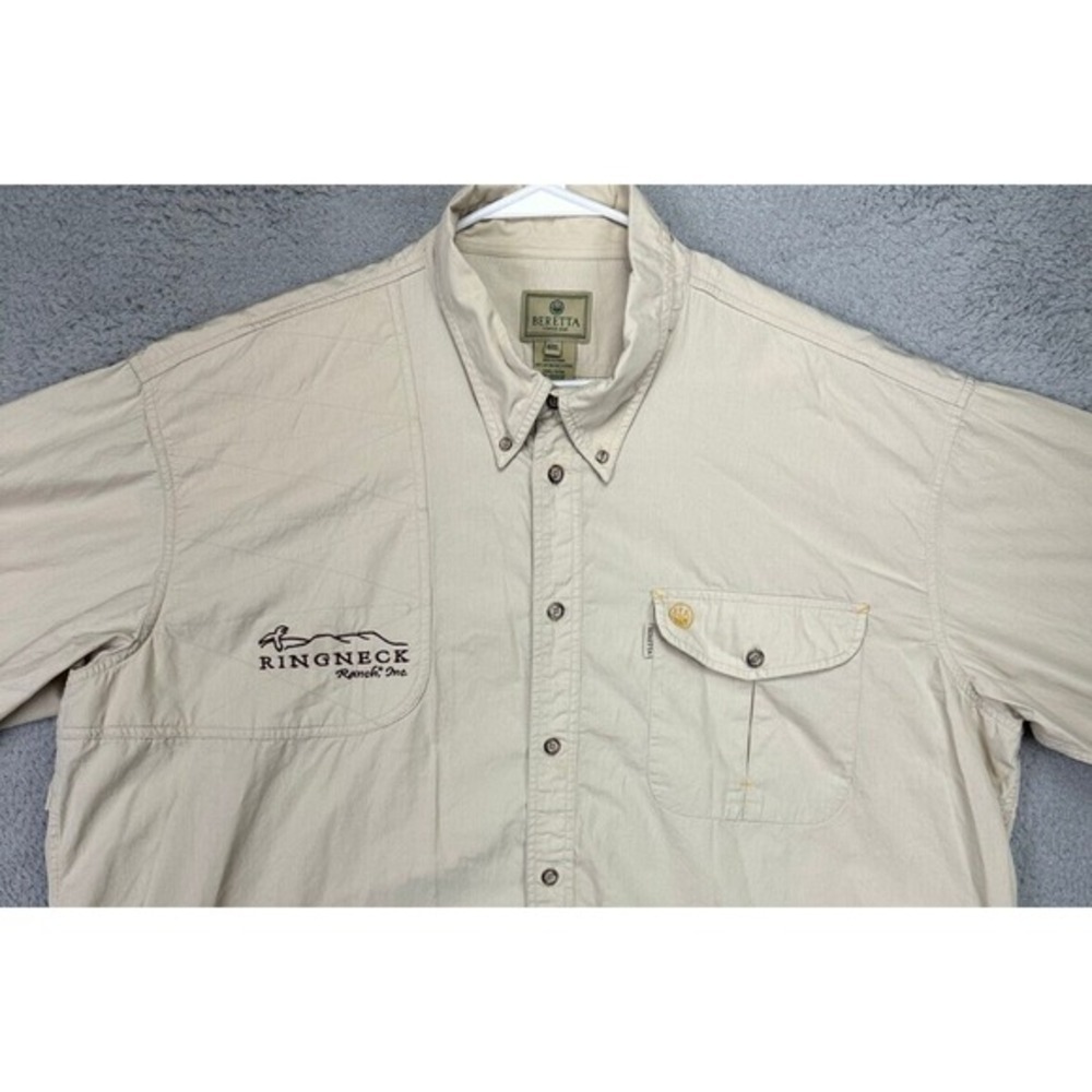 Berreta Button Down Shirt Adult 3XL Tan Vented Flap Pocket Long Sleeve Logo Mens